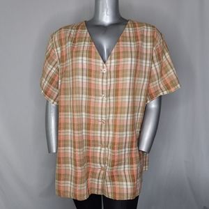 Mainstreet Blues Shirt 4X Vneck Short Sleeve Button Textured Coral Plaid Vtg 90s